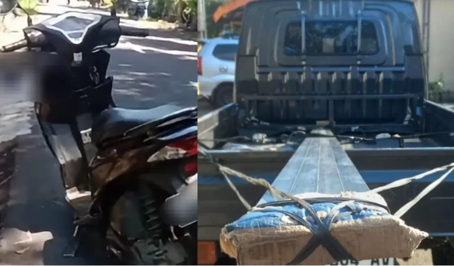 Left a dark scooter parked on a sunny street right a pickup truck bed with a metal ramp and a pallet secured with straps